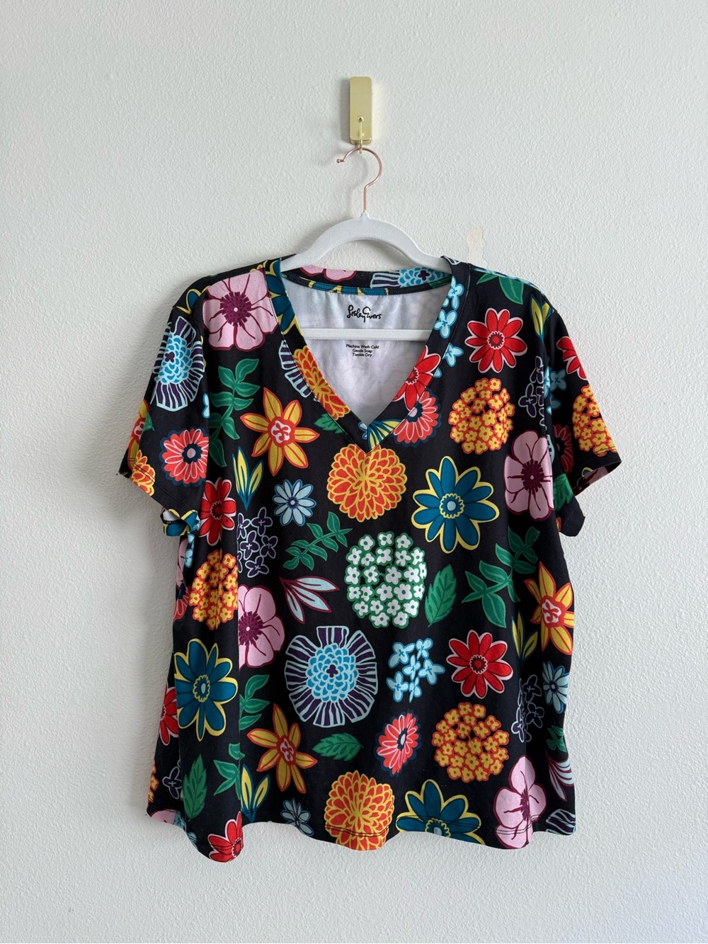 Lesley Evers floral multi color stretch tee women’s Sz 2X top